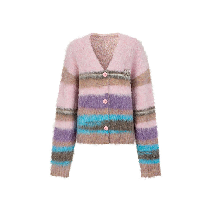 Via Pitti Pulled Fur Colored Striped Knit Cardigan Pink