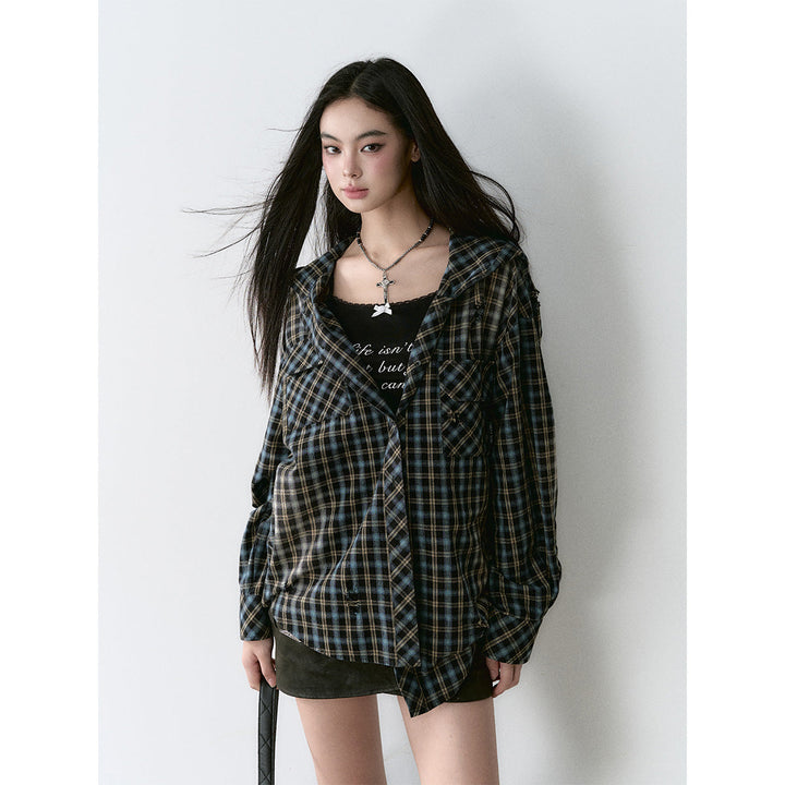 Via Pitti Heavy Washed Distressed Hooded Plaid Shirt