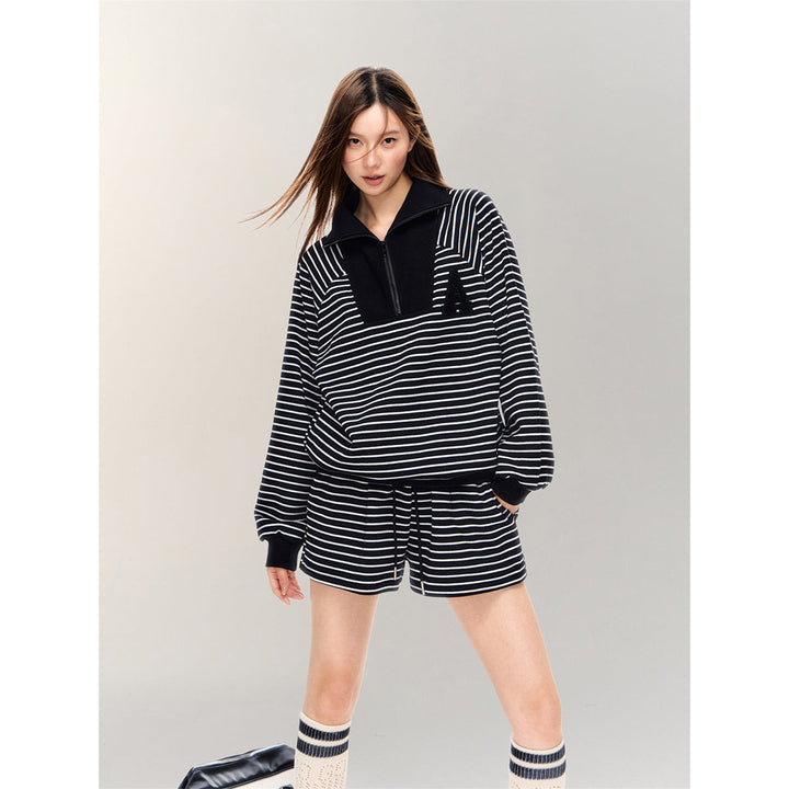 AsGony Striped Zipper Lapel Casual Sweater Black