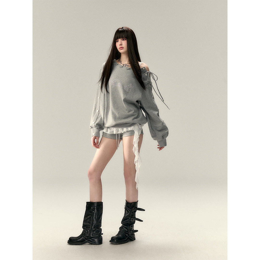 Via Pitti Nail Button Off-Shoulder Loose Sweat Top Gray