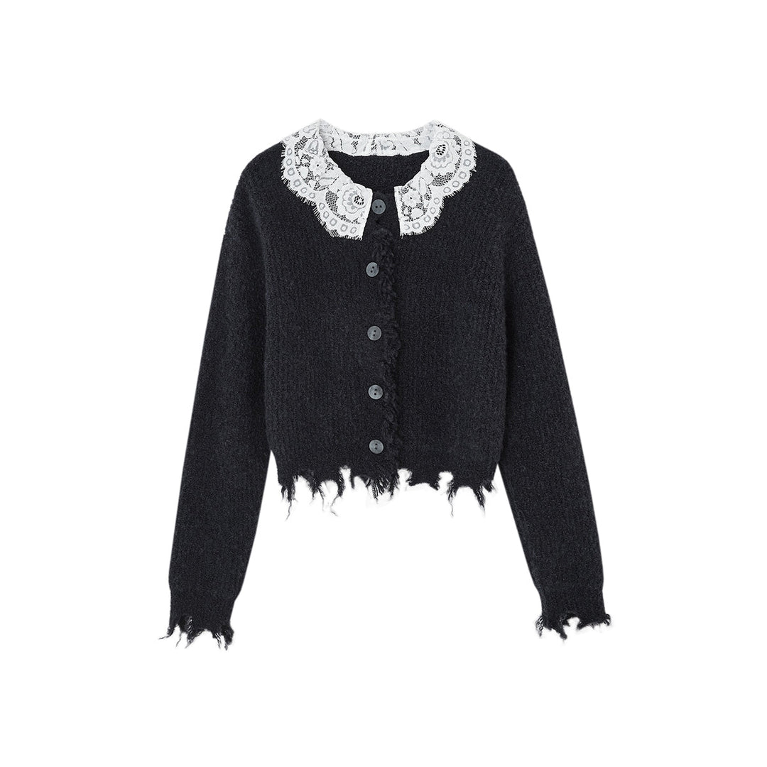 SomeSowe Lace Doll Collar Destroyed Cardigan Navy Blue