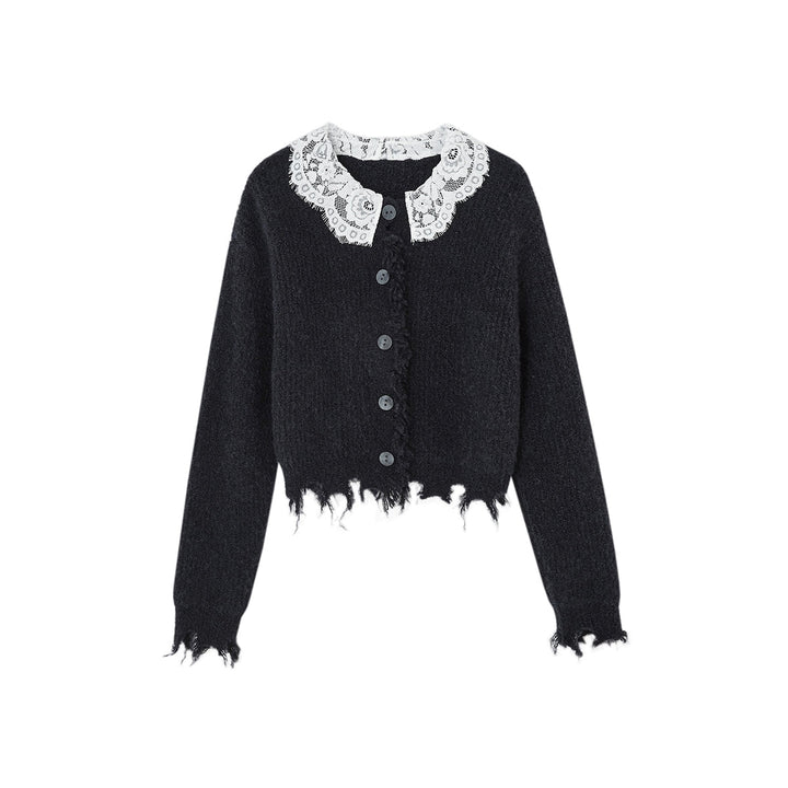 SomeSowe Lace Doll Collar Destroyed Cardigan Navy Blue