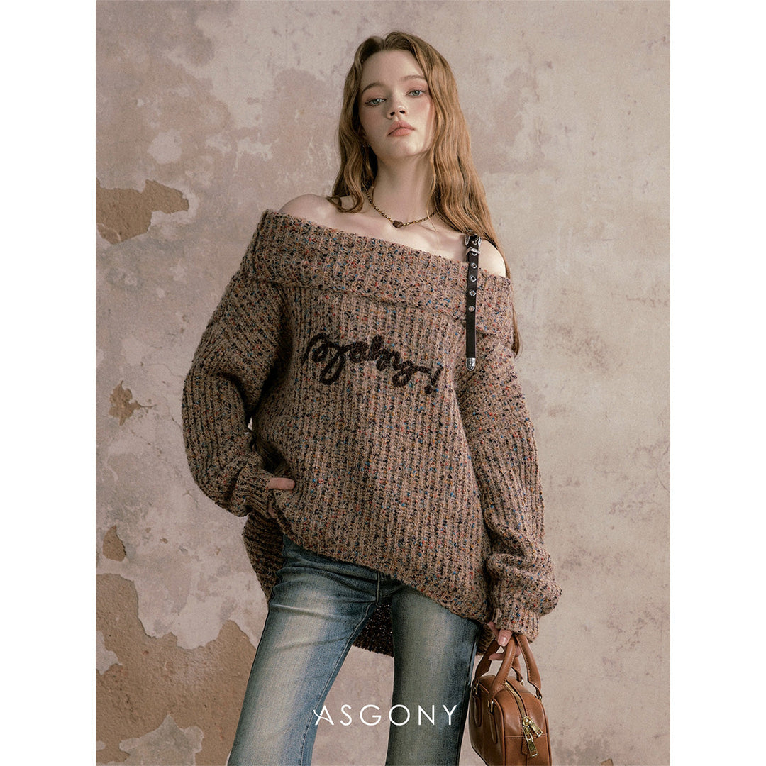 AsGony Logo Embroidery Off-Shoulder Sweater - Mores Studio