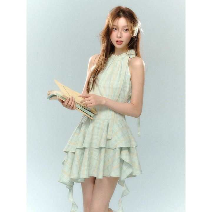 AsGony Bow Tie Ribbon Ruffled Plaid Halter Dress Green