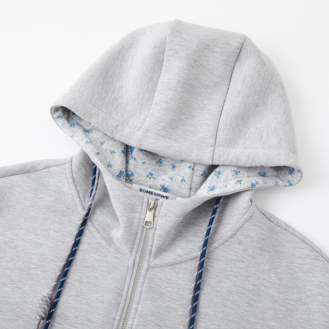 SomeSowe Contrast Color Drawstring Zip Up Hoodie Light Gray