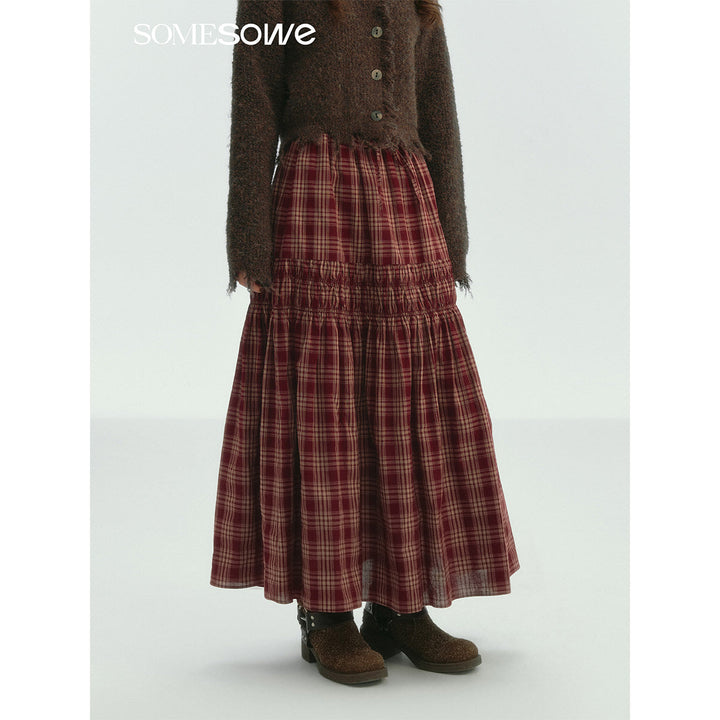 SomeSowe Lace Edge Plaid Drawstring Long Skirt Red