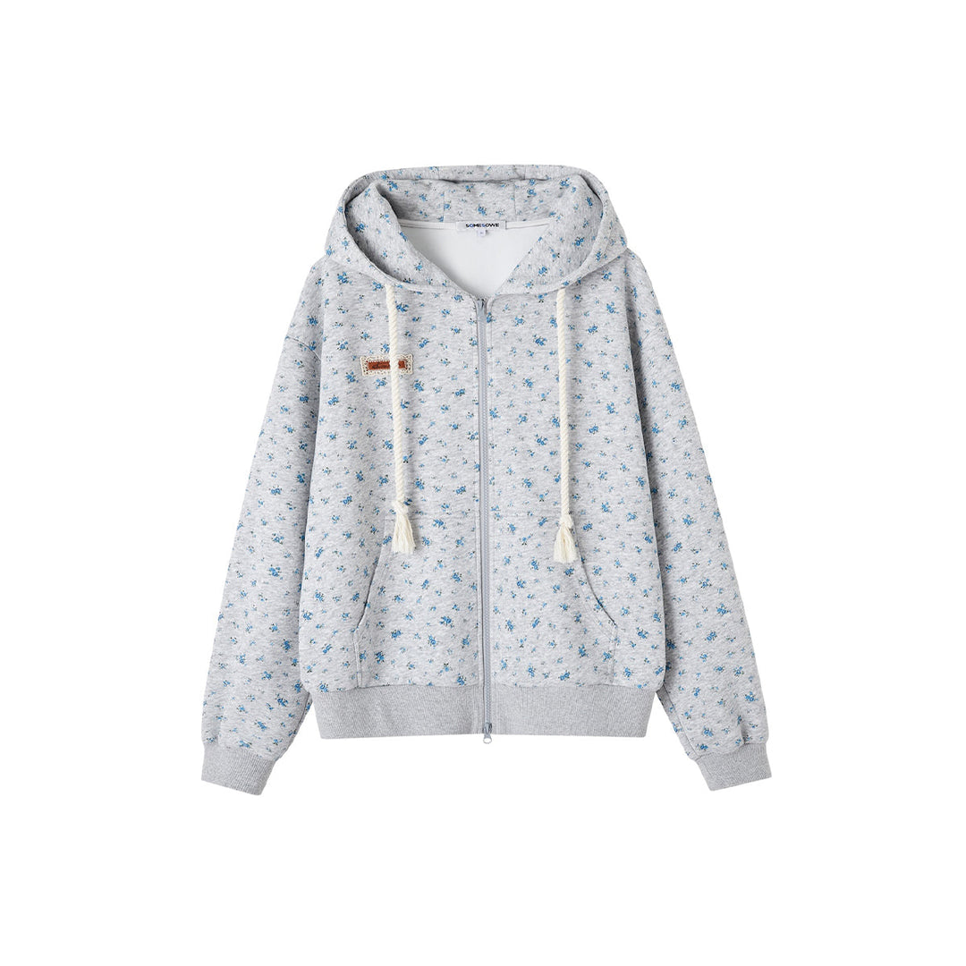 SomeSowe Rabbit Ears Floral Zip Up Hoodie Gray