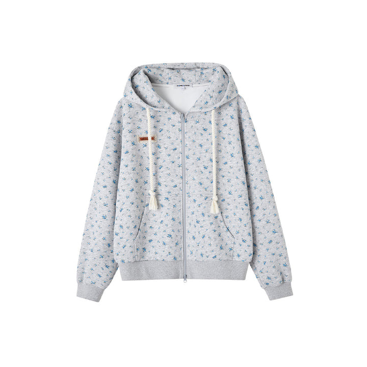 SomeSowe Rabbit Ears Floral Zip Up Hoodie Gray