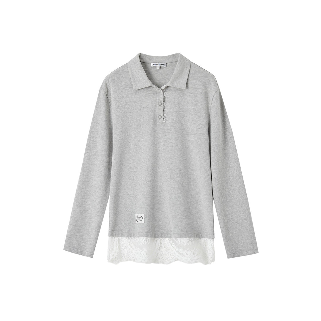 SomeSowe Lace Patchwork Polo Long Sleeve T-Shirt Gray