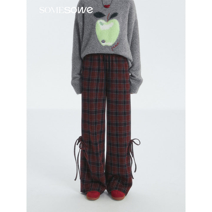 SomeSowe Bow Drawstring Plaid Wide-Leg Pants Red