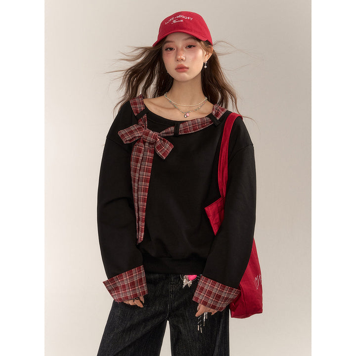 AsGony Plaid Patchwork Bow Tie Fleece-Lined Sweater