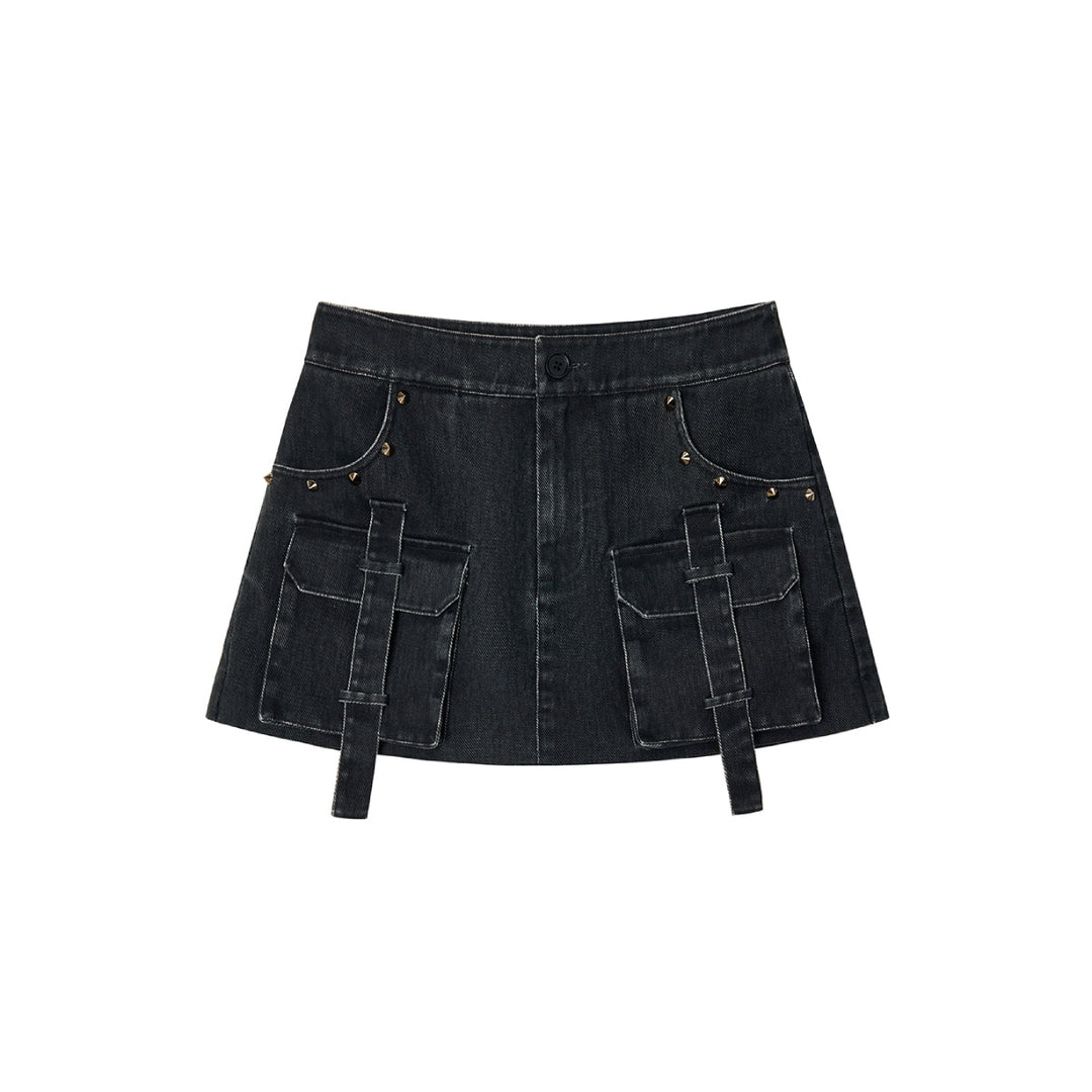 Via Pitti Washed Denim Cargo Skirt Shorts Black - Mores Studio