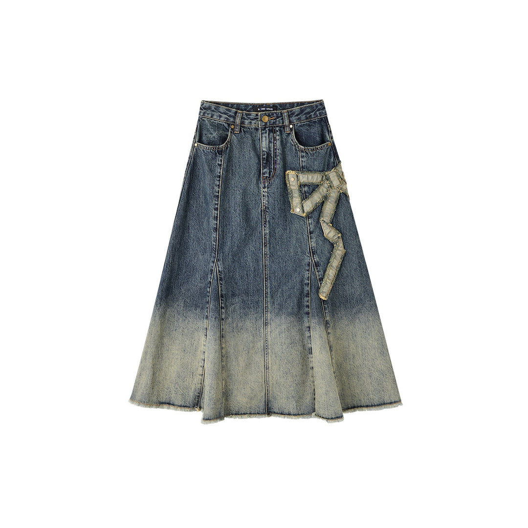 SomeSowe Gradient Bow Raw Edge Denim Long Skirt