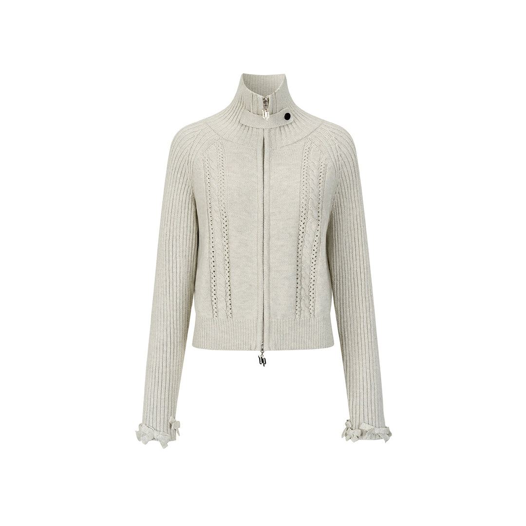 Via Pitti Heavy Bow High Collar Knit Zipped Cardigan Light Gray