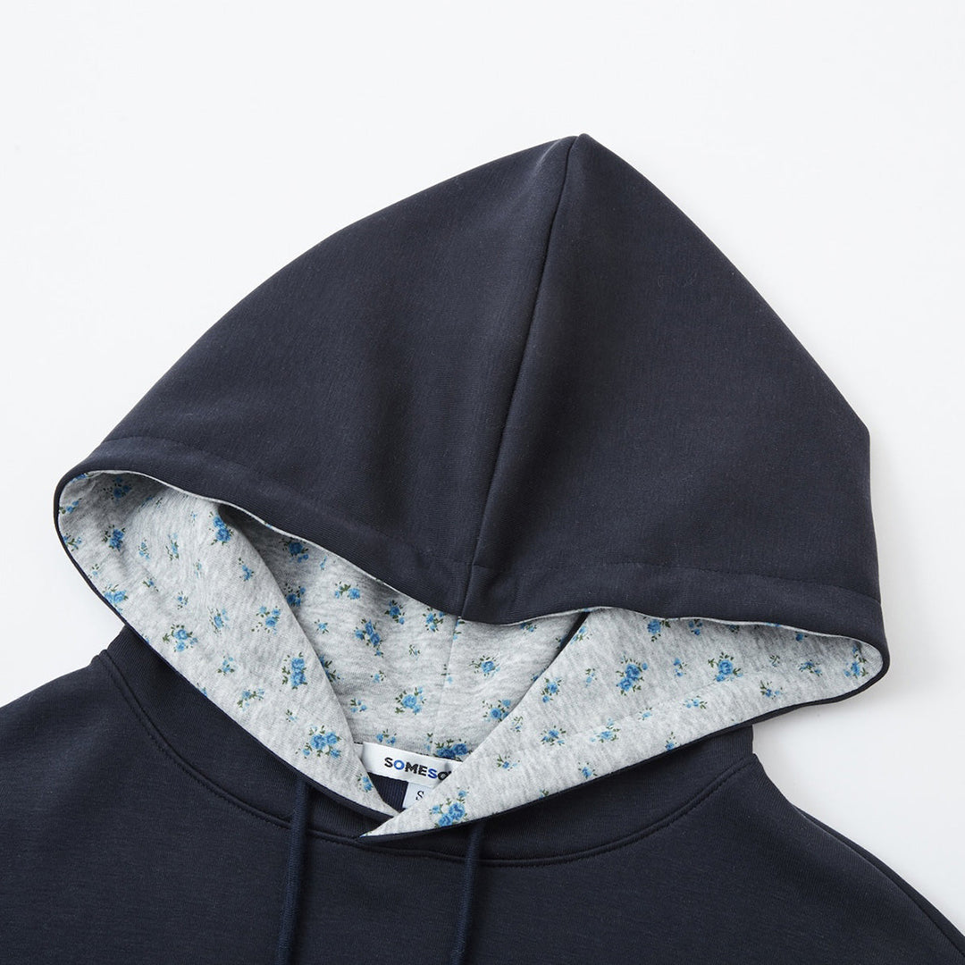 SomeSowe Contrast Color Floral Hoodie Navy Blue