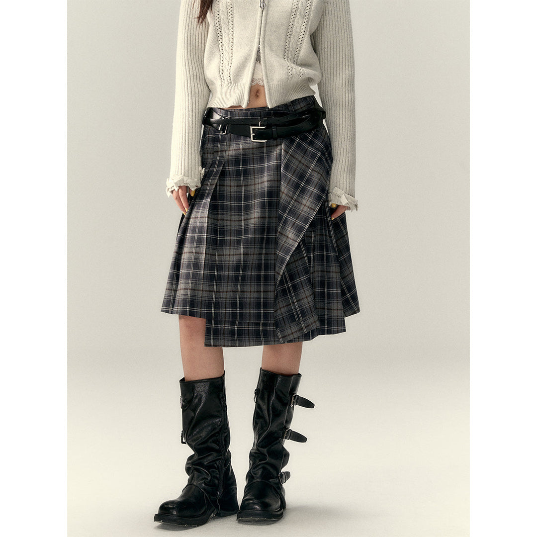 Via Pitti Irregular Plaid Loose Skirt Gray