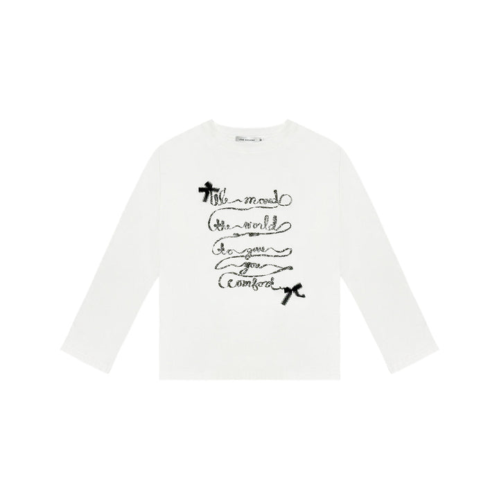 AsGony 3D Bow Knot Printed Casual L/S T-Shirt White