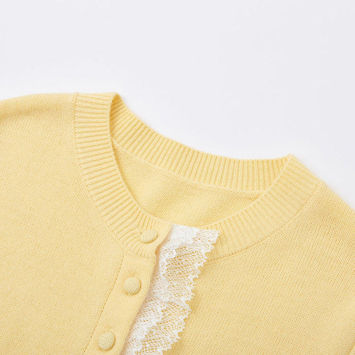 SomeSowe Lace Edge Round-Neck Knit Cardigan Yellow