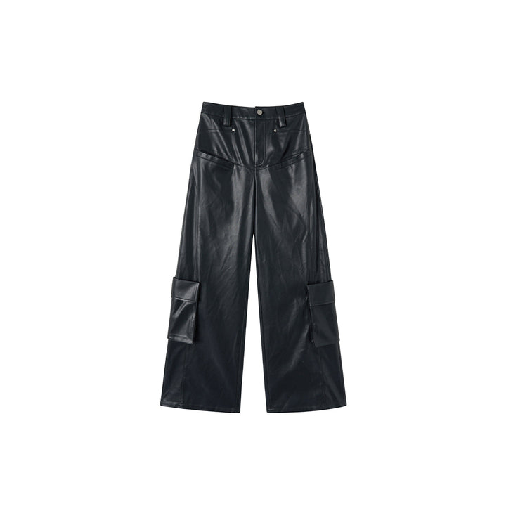 Via Pitti 3D Large Pocket Wide-Leg Leather Pants Black - Mores Studio