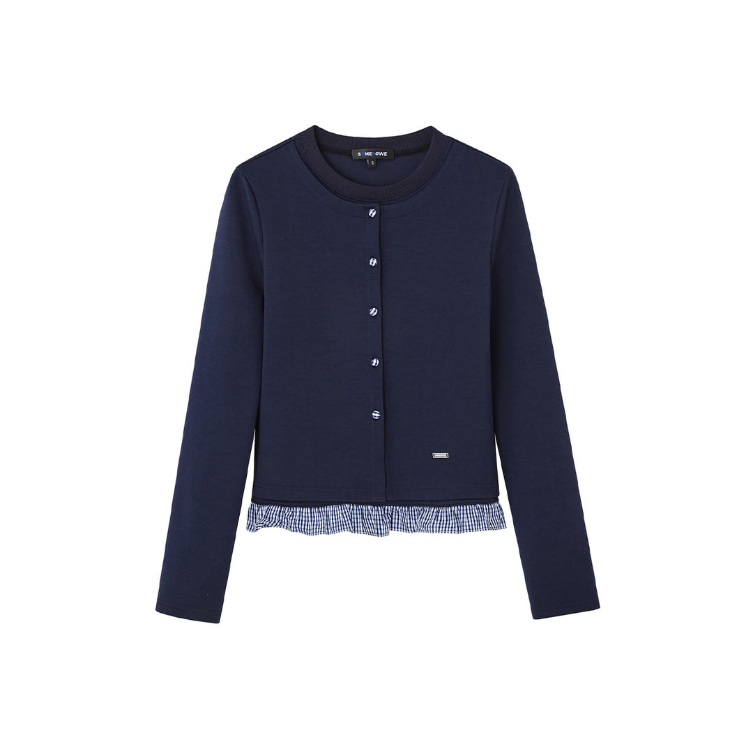 SomeSowe Fake-2-Piece Ruffled Round-Neck Top Navy Blue