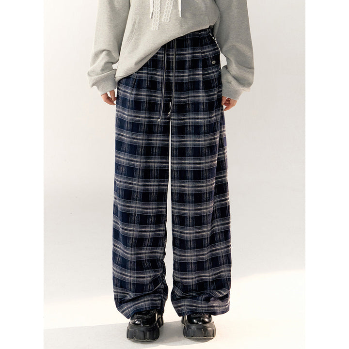 AsGony Retro Plaid High Waist Wide-Leg Pants Navy Blue