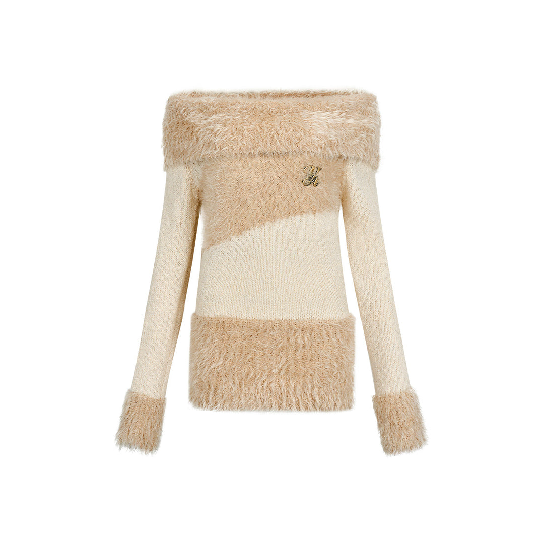 Via Pitti Color Blocked Fluffy Off-Shoulder Sweater - Mores Studio