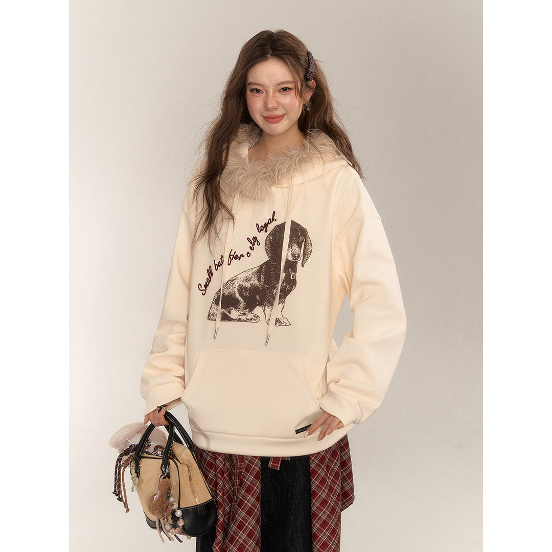 AsGony Puppy Printed Fur Collar Fleece-Lined Hoodie