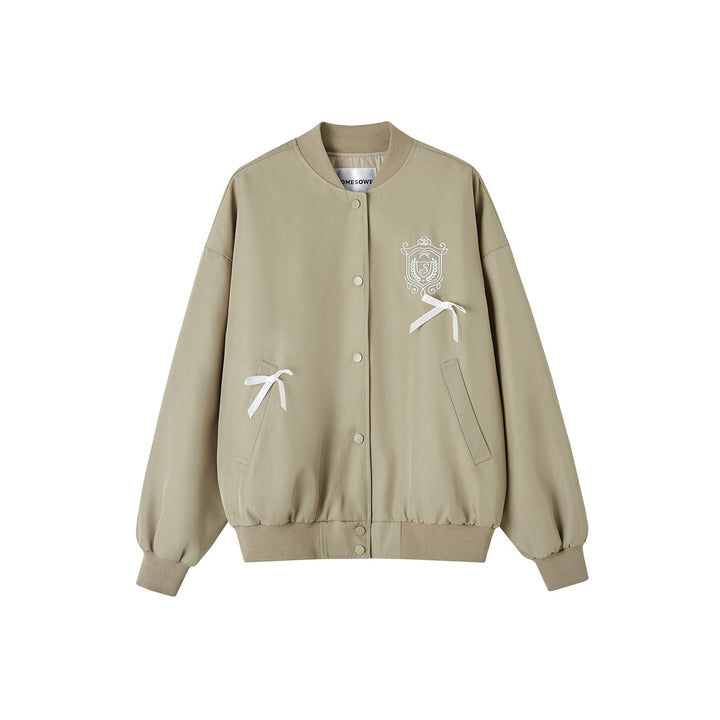 SomeSowe Bow Badge Casual Baseball Jacket Khaki