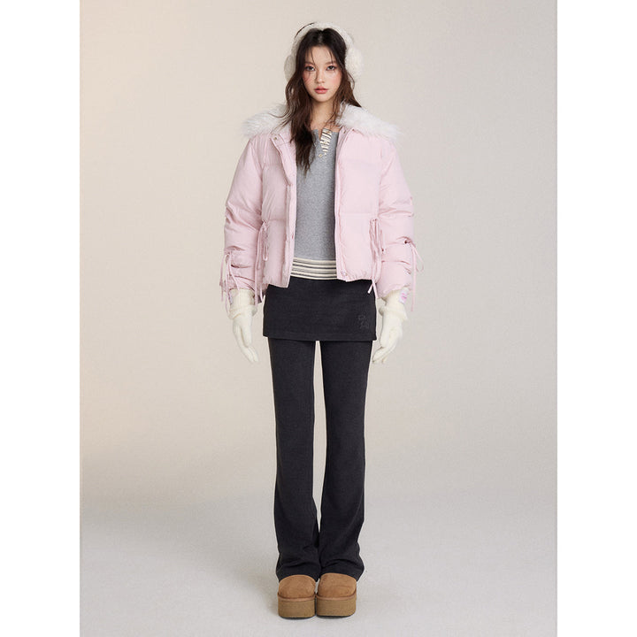 Via Pitti Bow Drawstring Fur Collar Down Jacket Light Pink