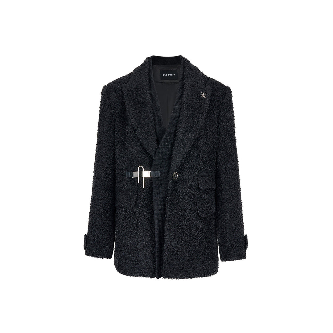 Via Pitti Fake-2-Piece Thicken Fleece Blazer Black - Mores Studio