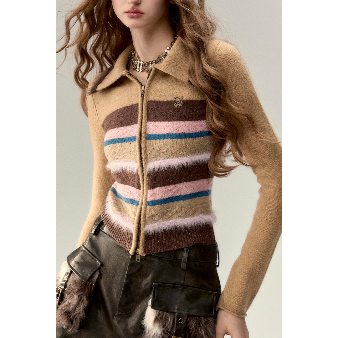 Via Pitti Fluffy Colour Striped Zip Up Woollen Top Camel - Mores Studio