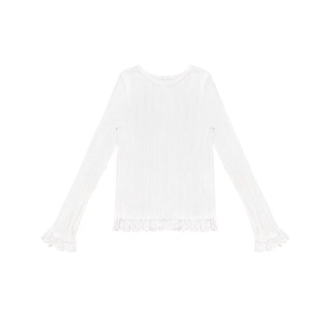 AsGony Blended Woolen Lace Edge Slim Knit Top White