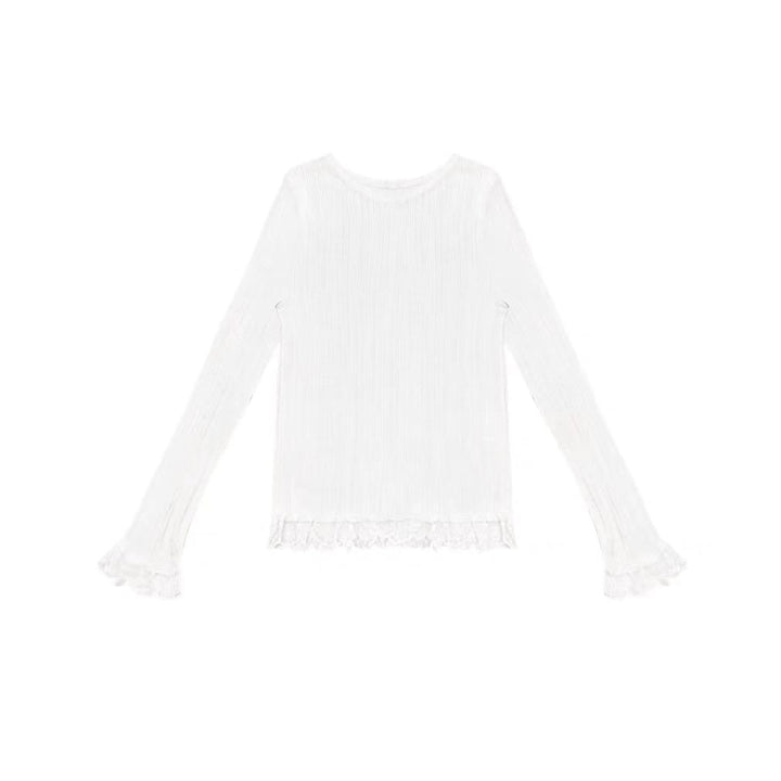 AsGony Blended Woolen Lace Edge Slim Knit Top White