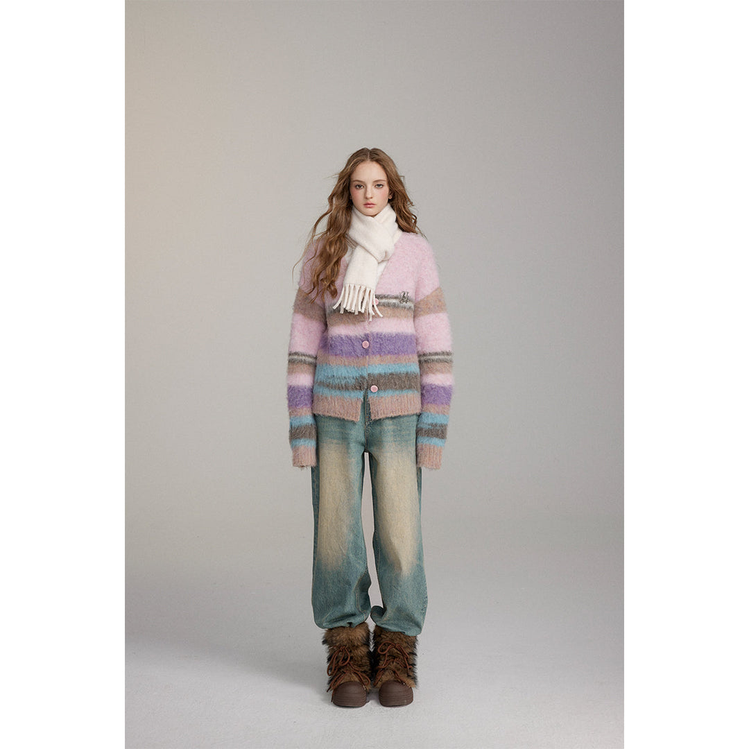 Via Pitti Pulled Fur Colored Striped Knit Cardigan Pink