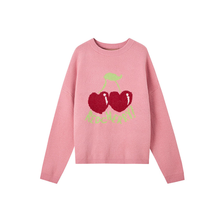 SomeSowe Cherry Jacquard Silhouette Knit Sweater Pink