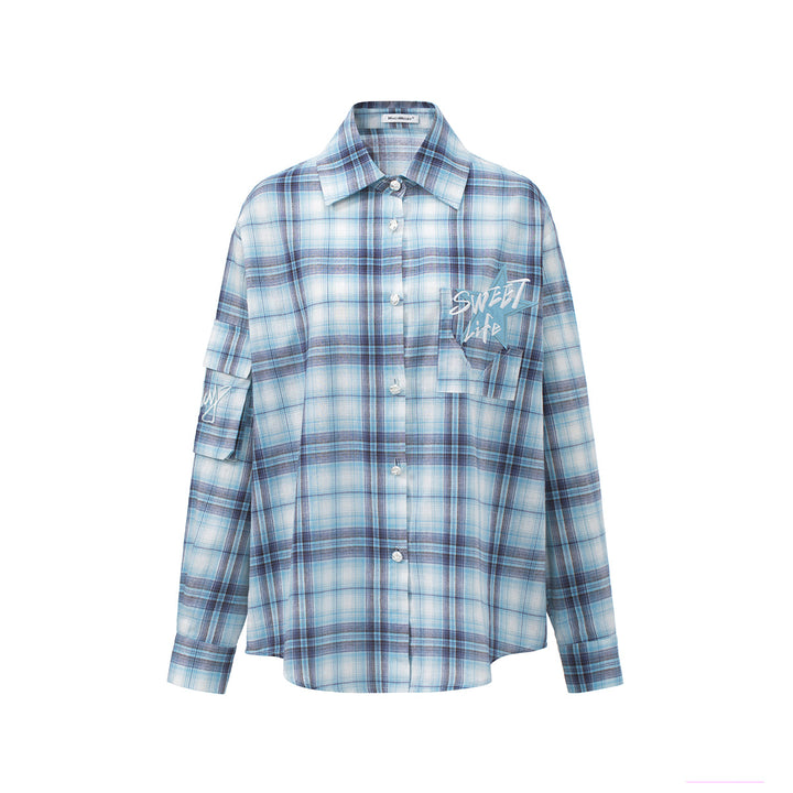 MacyMccoy Plaid Letter Embroidered Shirt Blue