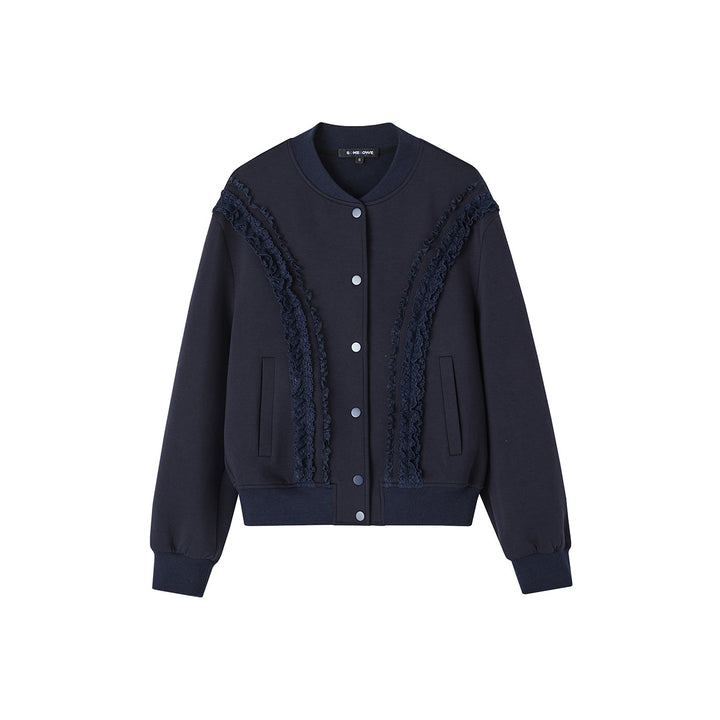 SomeSowe Lace Edge Casual Baseball Jacket Navy Blue