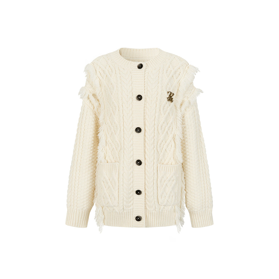 Via Pitti Heavy Twist Metal Logo Knit Cardigan Beige