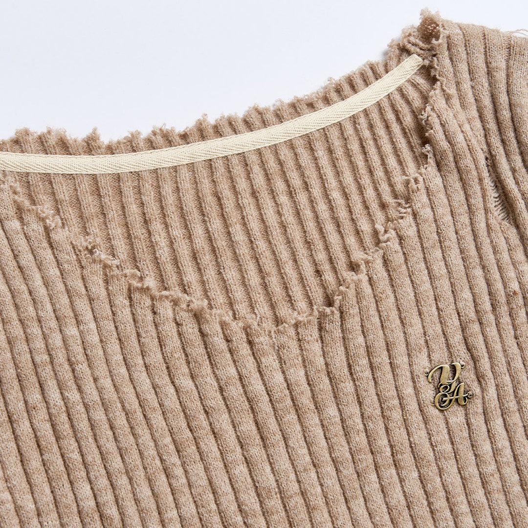 Via Pitti Destroy Edge Cutting V-Neck Sweater Khaki - Mores Studio