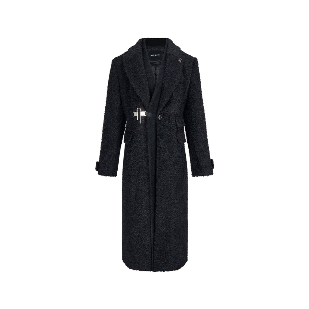 Via Pitti Fake-2-Piece Thicken Long Fleece Coat Black - Mores Studio