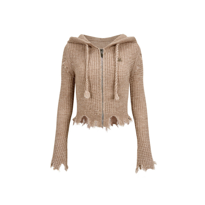 Via Pitti Destroy Cutting Waffle Knit Cardigan Khaki - Mores Studio