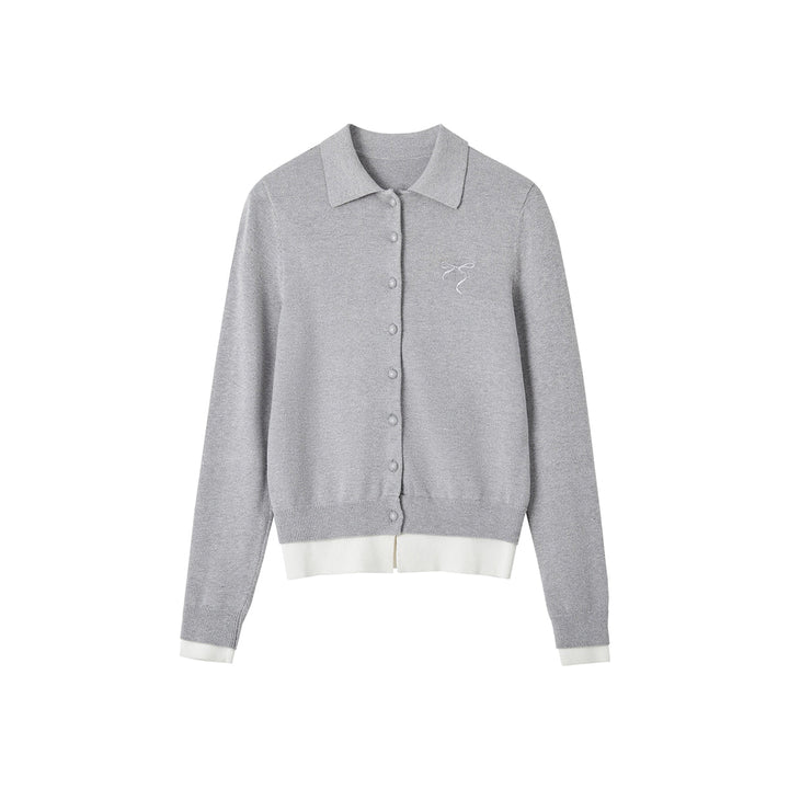 SomeSowe Fake-2-Piece Bow Knit Polo Cardigan Gray