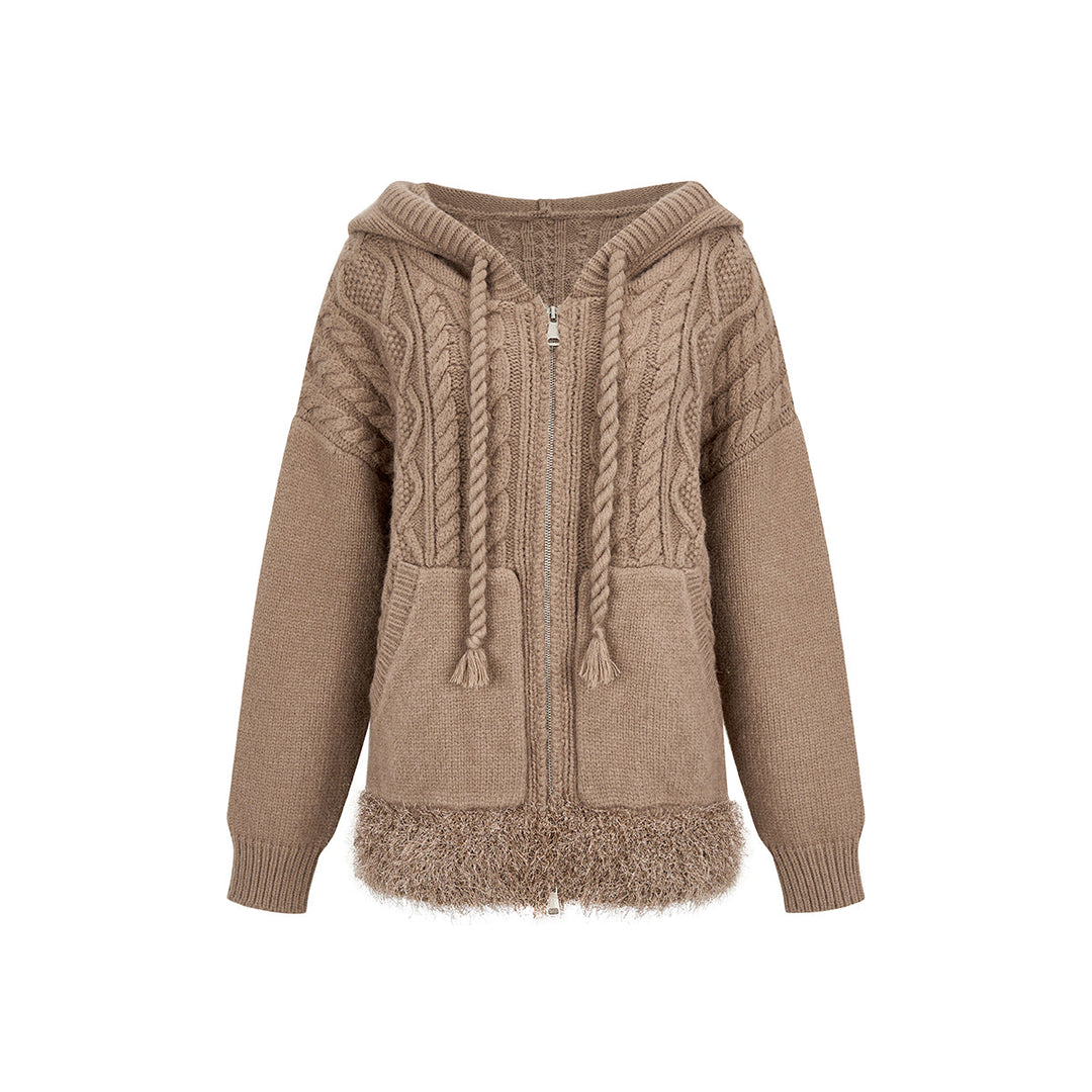 Via Pitti Fuzzy Edge Hooded Twist Knit Zipped Cardigan Brown - Mores Studio