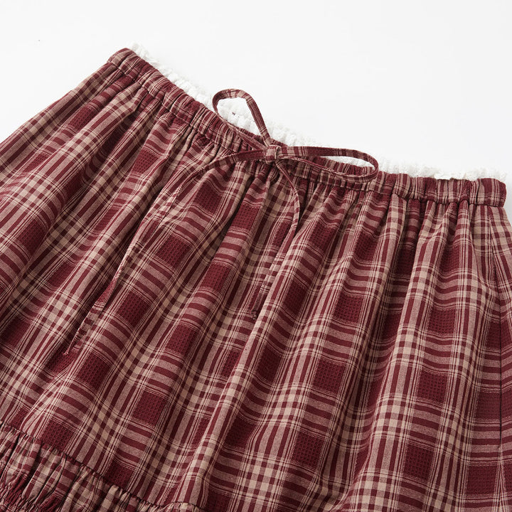 SomeSowe Lace Edge Plaid Drawstring Long Skirt Red