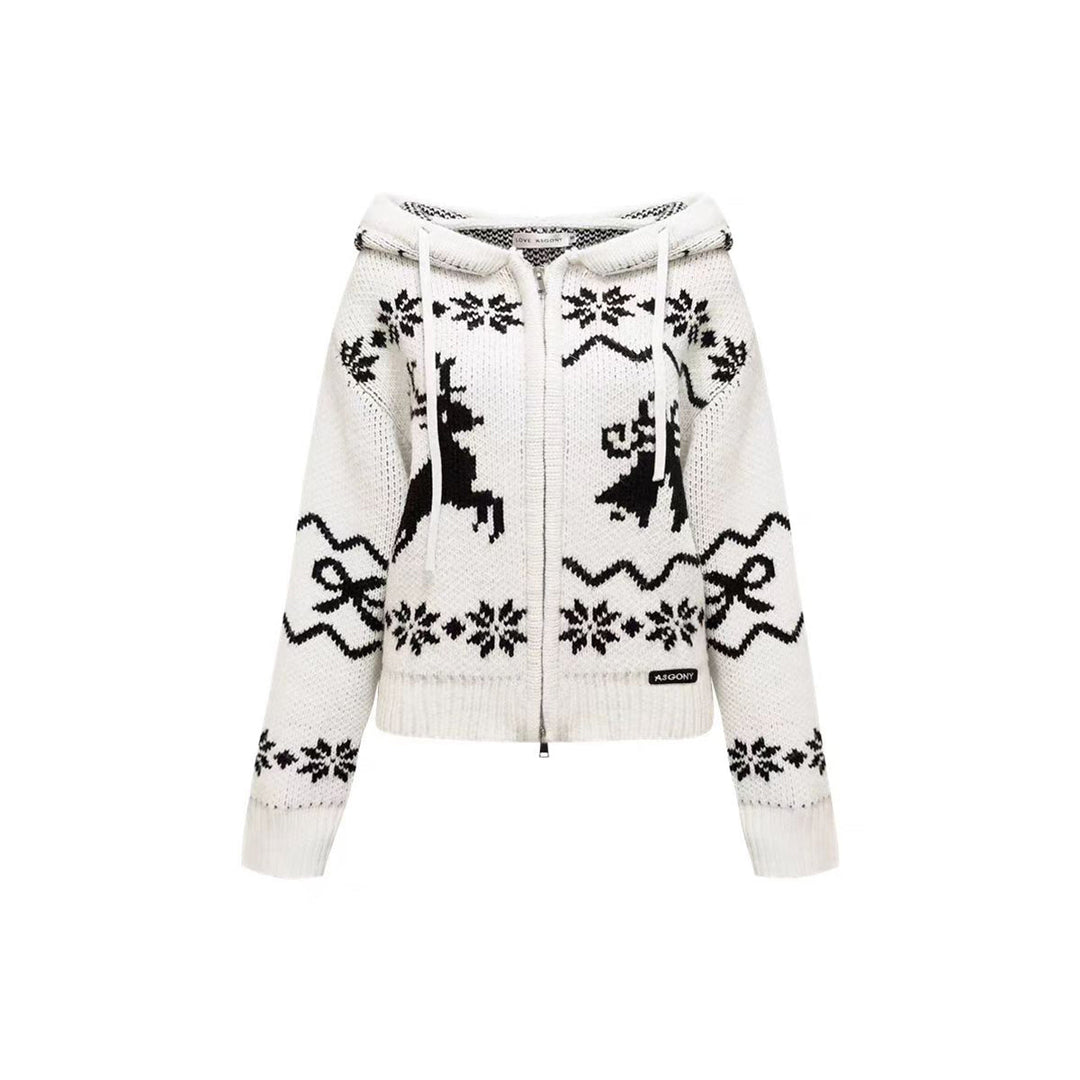 AsGony Fair Isle Moose Jacquard Retro Hooded Knit Cardigan White