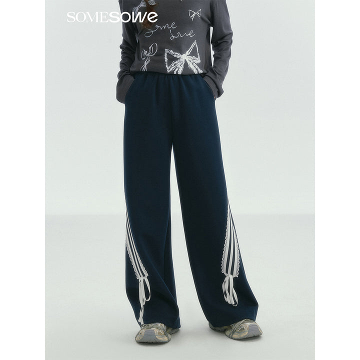 SomeSowe Lace Patchwork Bow Casual Pants Navy Blue