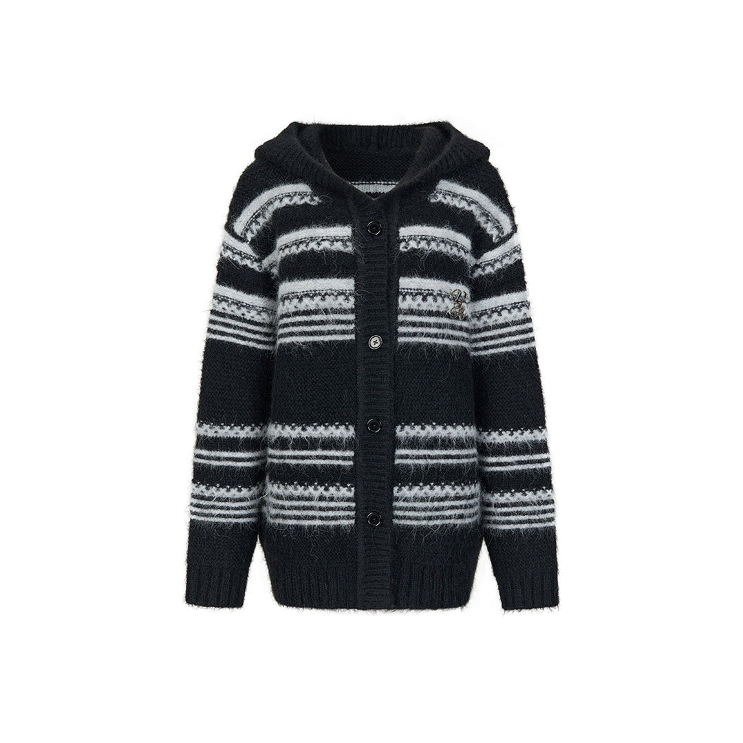 Via Pitti Striped Hooded Woolen Thicken Cardigan Black