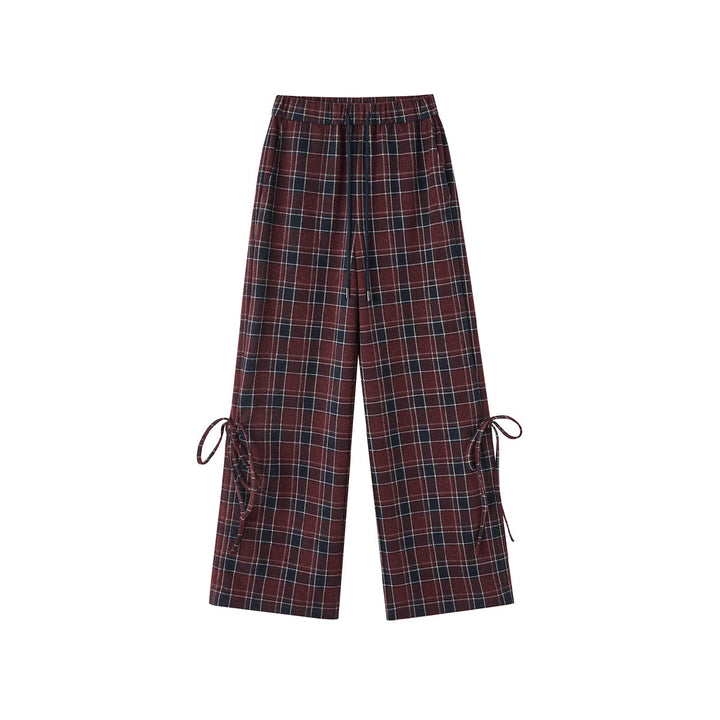 SomeSowe Bow Drawstring Plaid Wide-Leg Pants Red