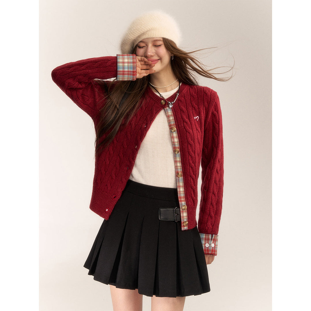 AsGony Blended Woolen Plaid Patchwork Knit Cardigan Red