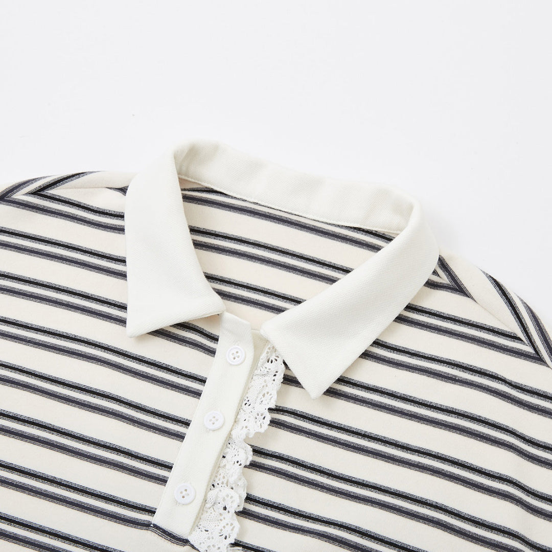 SomeSowe Lace Edge Striped Long Sleeve Polo Top Black/White